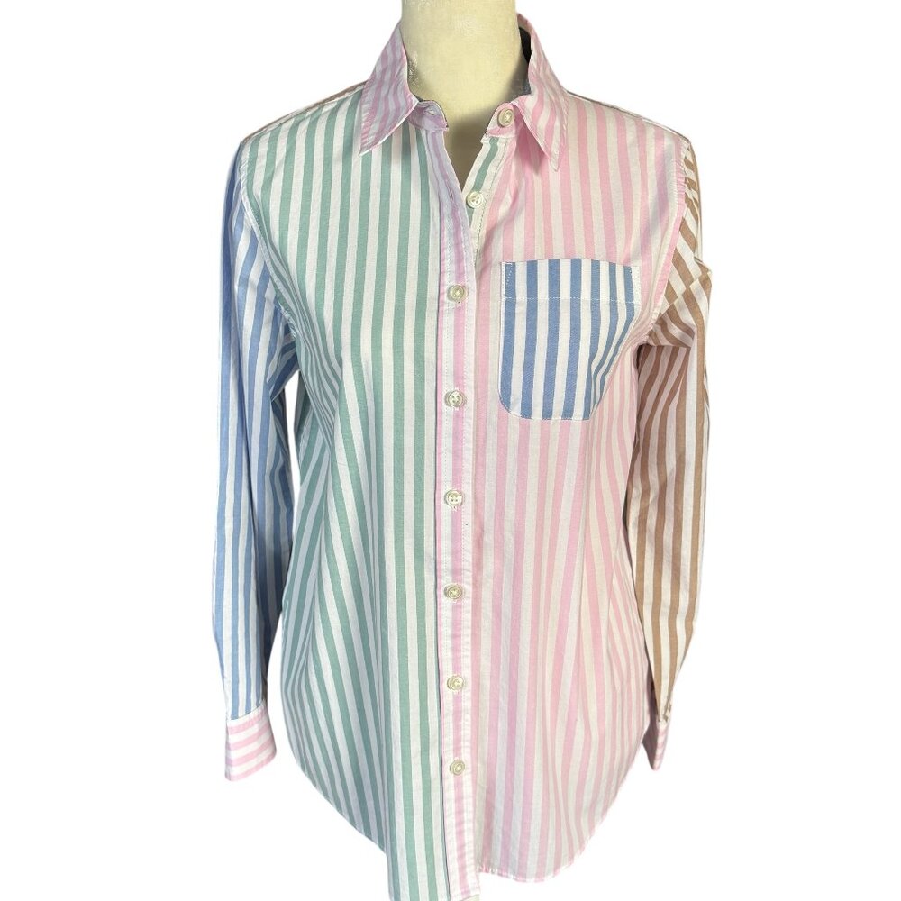 Lands' End preppy stripe boyfriend tunic long sleeve collared button down XSP